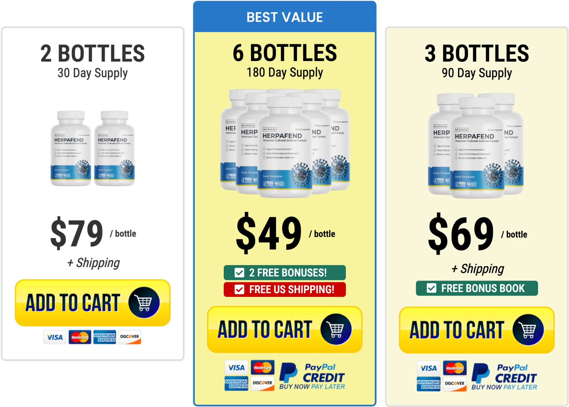 Supplied Herpafend offer graphic showing two, six and three bottle packages; confirm current prices and terms at checkout