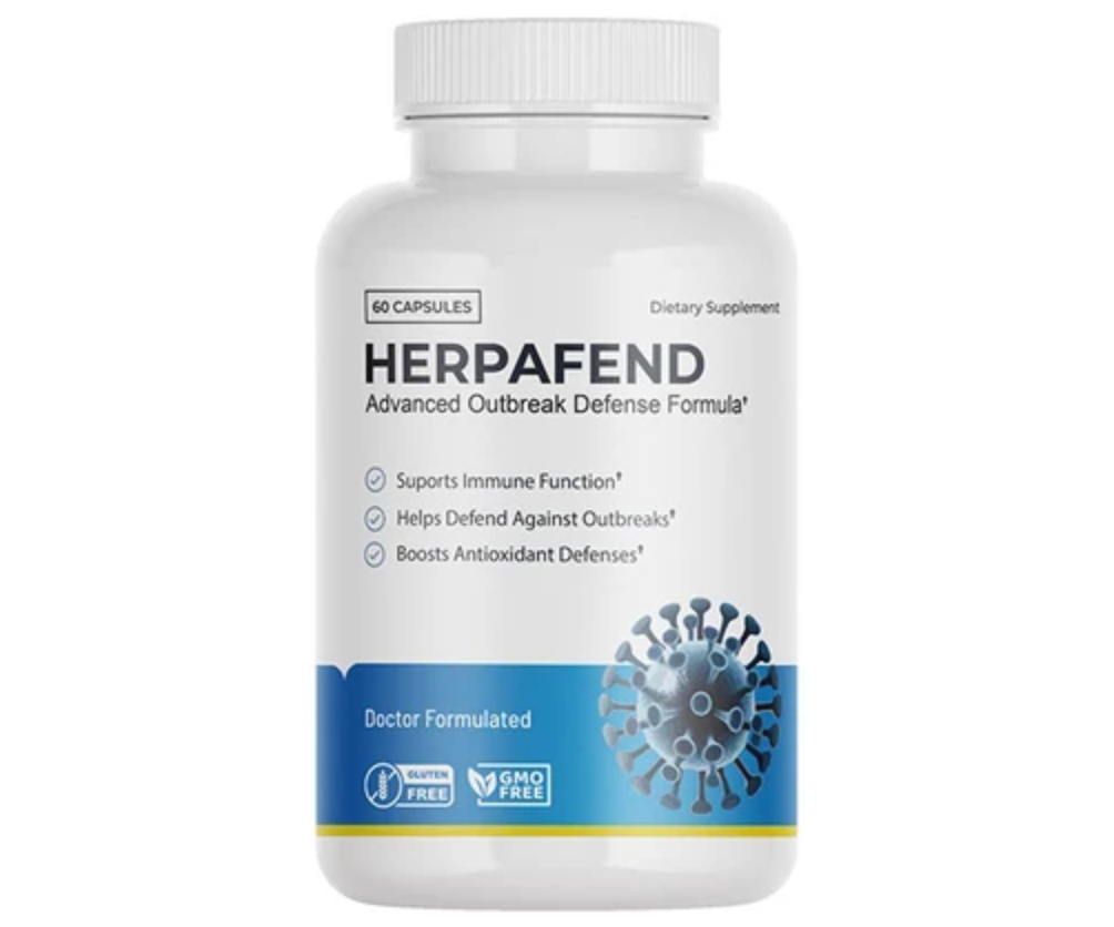 Original Herpafend 60-capsule dietary supplement bottle, showing its supplied label