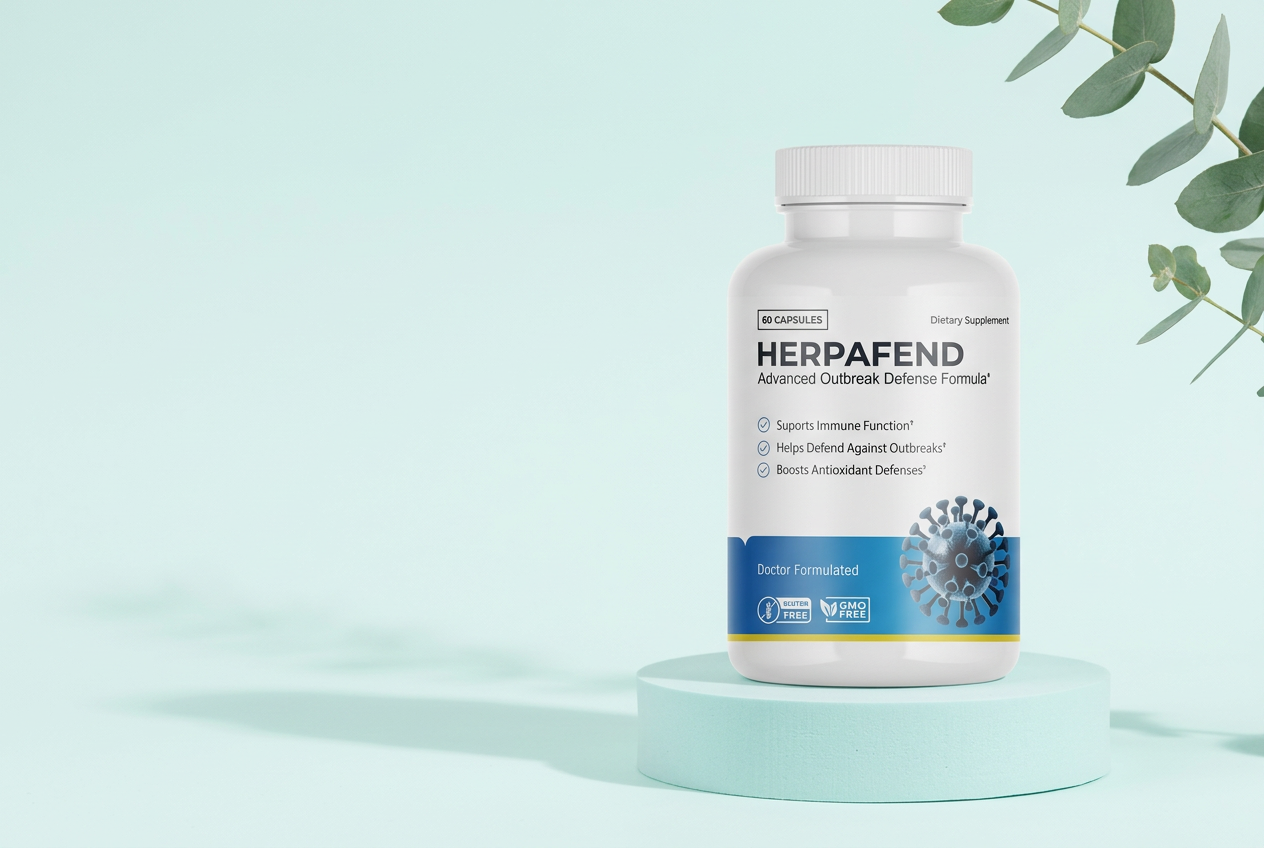 Herpafend bottle on a mint-colored display pedestal with eucalyptus leaves