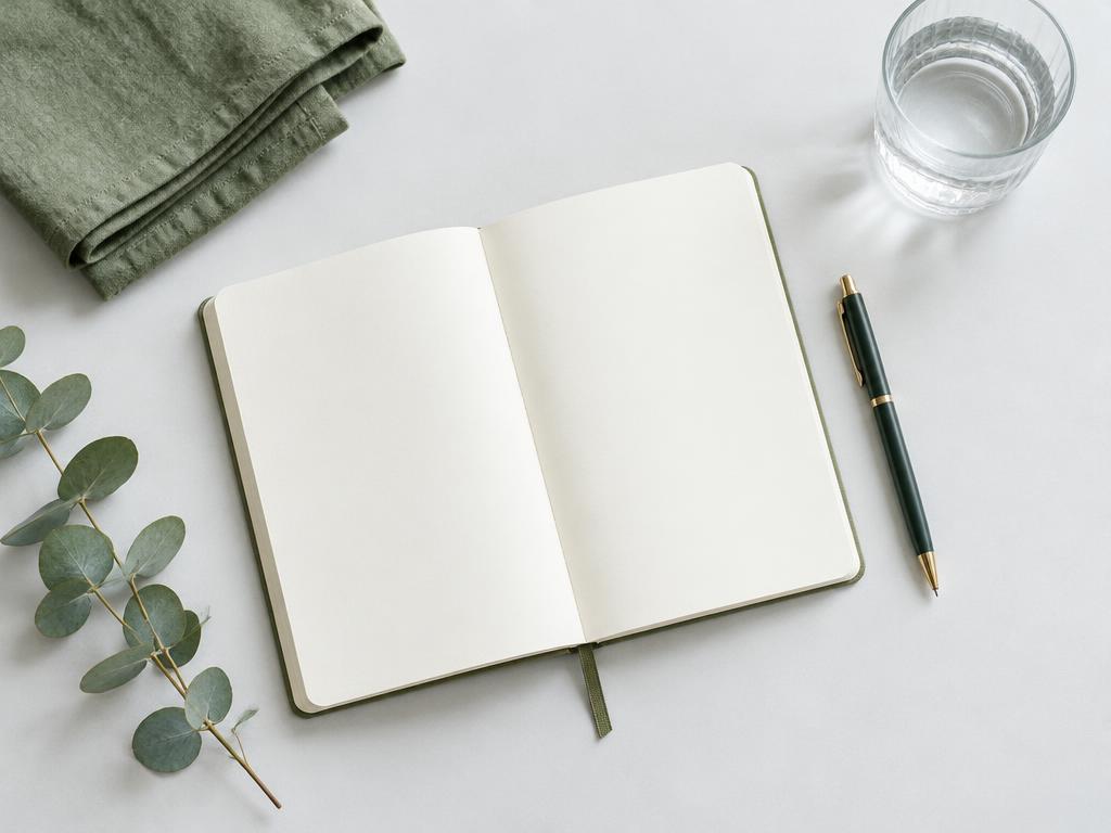 Notebook and pen beside a glass of water, illustrating a purchase checklist